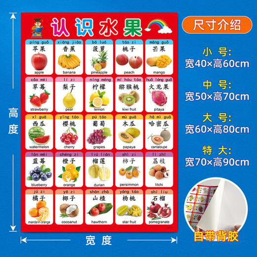 Baby -Obst- und Brettdiagramme zum Verständnis von Kindern, Gemüse und Tieren, Transport, kognitiver Dekorationsplakat, Wandaufklebermalerei, Farbverständnis, extra große Breite, 70 hoch, 90 cm Kleberaufkleber