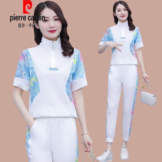 皮尔卡丹（pierre cardin）冰|丝短袖休闲套装女2025年夏季新款宽松时尚减龄跑步运动服两件 (1389)白色 M (建议100斤以下)