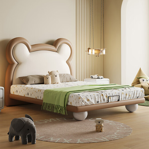 AIWOWO Kinderbett, Jungen und Mädchen Single Massivholzbett, Teenager -Studentenbett, Bärencarterlederbett, Hochkasten -Aufbewahrungsbett, Flaggschiff -Version/Napa Leder Einzelbett 1350 mm*2000 mm ohne Lagerung