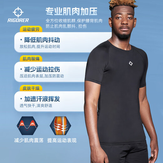 Short-sleeved compressed clothes for men's quick-drying high-elastic fitness clothes for summer training sports running T-shirt short-sleeved base tights Z123210348/pure black [reflective logo] XL (180)