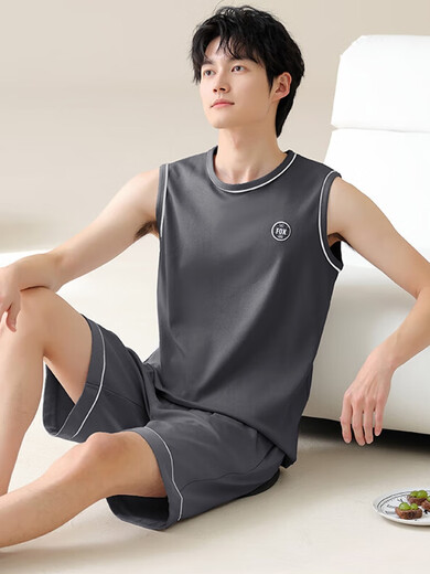 睡衣男夏季纯棉无袖背心夏天青少年大码男士薄款休闲家居服套装 YDY13658 XL码(推荐120-140斤) 均码