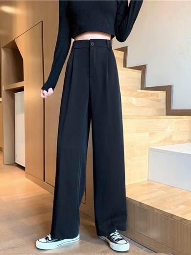 FHHUABD黑色西装裤女春秋薄款韩版高腰垂感显瘦直筒宽松阔腿拖地休闲 1047#黑色一纽扣款 均码 s建议94斤内穿