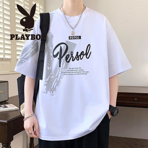 花花公子（PLAYBOY）短袖男夏季潮牌字母印花圆领半袖体恤美式休闲男士落肩袖宽松T恤 693黑色 M (约80~105斤可穿)