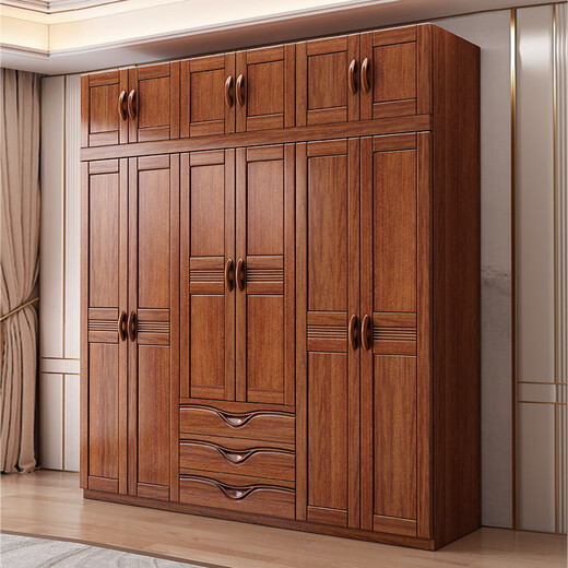 Hexi walnut solid wood wardrobe home bedroom furniture storage modern Chinese large wardrobe combination wardrobe economical walnut six-door wardrobe