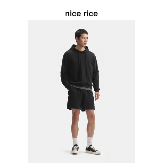 nice rice好饭 25春季新品全棉350G拼罗纹宽松针织短卫裤NHC12118 煤石黑（350G） M