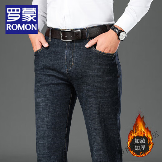 Romon Plus Velvet Tognucted Теплые джинсы для мужского бизнеса растягиваться по прямым ногам повседневных брюк среднего возраста универсальные брюки 9888 Black 32