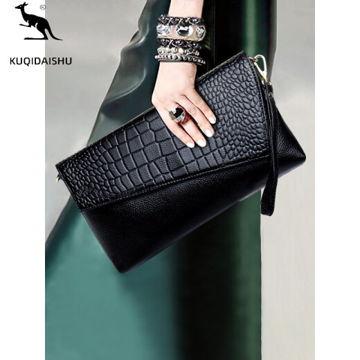 KUQIDAISHU Women's genuine leather clutch bag Women's new style hand grab women's bag Crossbody fashion handbag Women's envelope bags holiday gifts Black large size [leather with chain straps]