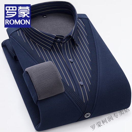 Romon Winter New Velvet verdickter Pullover-Pullover für die langärmlige Herren-Hemdkragen mit mittlerem Alter gefälschter zweiteiler Jugendpullover 01 Dark Blue XL