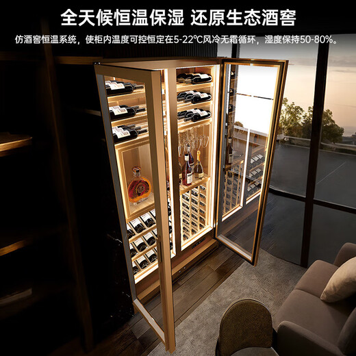 Qielong 808W red wine cabinet double-door constant temperature moisturizing ultra-thin embedded air-cooled frost-free compressor wine cabinet office home liquor and wine refrigerated display 808W rose gold + beech shelf + stainless steel cabinet