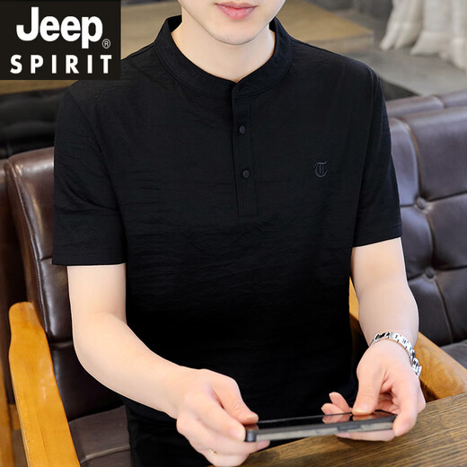 JEEP SPIRIT吉普立领短袖t恤男薄款棉麻透气复古休闲半截袖男士2025新款有领 62372米色 3XL
