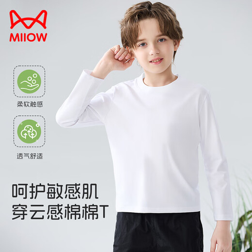 Catman children's T-shirt for boys and girls, autumn and winter round neck pure cotton white T-shirt for medium and large children, casual and versatile long sleeves