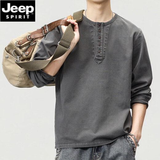 JEEP SPIRIT American retro round neck long-sleeved T-shirt men's spring and autumn heavyweight cotton sweatshirt loose trendy brand Henry collar bottoming shirt Mocha brown 2XL suitable for 160-180Jin Jin equals 0.5 kg