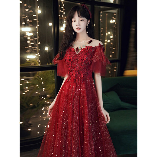 Chuangjingyi selects girls' coming-of-age ceremony red dress and toasting suit for the bride, burgundy fugitive princess gauze skirt, French engagement wedding, burgundy maternity model XL
