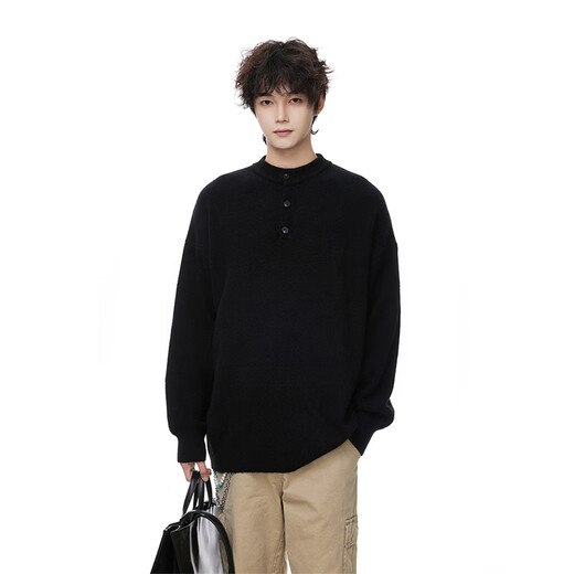 Katuchi gray American high street Henley collar sweater for men in spring and autumn loose trendy bottoming sweater jacket with sweater inside black L
