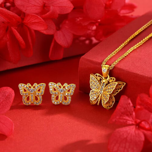 Double Butterfly Sand Gold Necklace Female Butterfly Wish Clavicle Chain Pendant Light Luxury Simulated Gold Color 999 Necklace Does Not Fade Butterfly Necklace