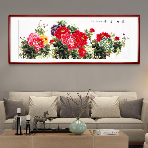 Yantang pure hand-painted Chinese painting peony wealth blooming calligraphy and painting living room decoration painting bedroom bedside sofa background wall ink painting flower blooming wealth A type solid wood frame + plexiglass 125*65 cm