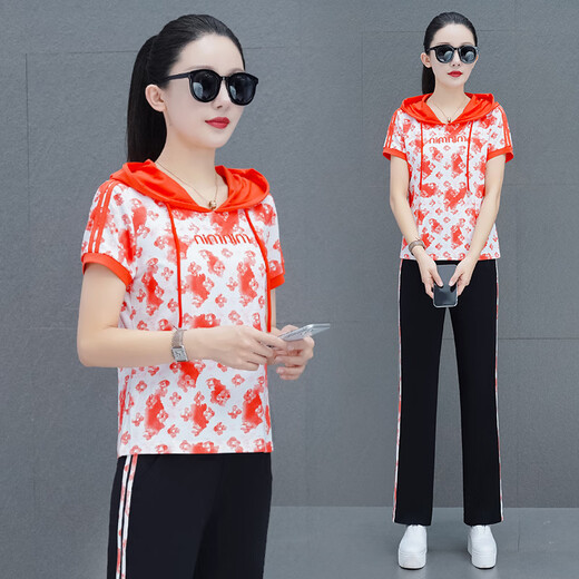 花花公子（PLAYBOY OUTDOOR）运动服套装女夏季中年女士时尚连帽拼接短袖长裤休闲洋气减龄两件 6913翠绿色 L【100-113斤】