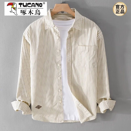 啄木鸟（TUCANO）日系清新条纹长袖衬衫男春秋装上衣衬衫文艺潮流时尚休闲百搭衬衣 杏色 L 120-135斤