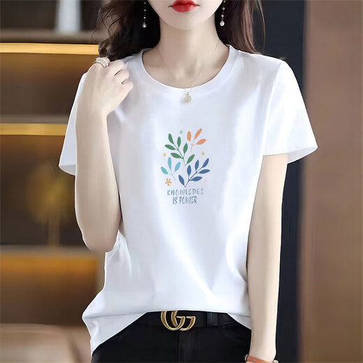 纯棉白色短袖t恤女装宽松印花体恤衫夏季上衣服 6193皮粉 短袖 L (建议105-120斤)