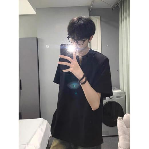 Shemanlai halb Reißverschluss Henry Kragen Kurzarm T-Shirt Herren sauberes amerikanisches High Street Halbärmel Basis T-Shirt Black L