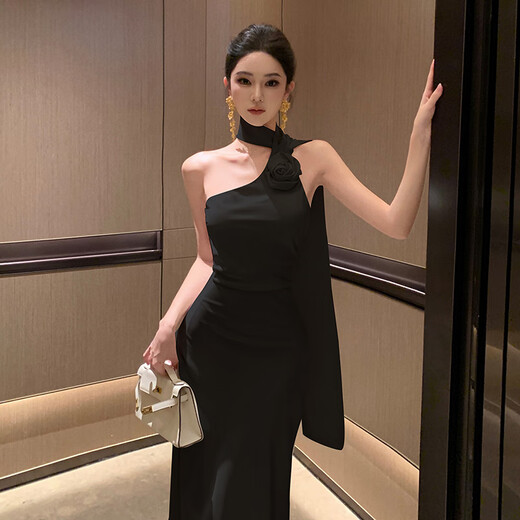 YIOU气质名媛法式缎面飘带晚礼服长裙女高端轻奢包臀挂脖连衣裙6936 香槟色 M