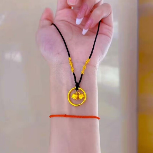 GRAYCEWODY Old Phoenix 999 gold lily of the valley flower pendant for women new simple plain circle peace buckle woven black rope clavicle necklace gold lily of the valley flower pendant for women new simple plain circle