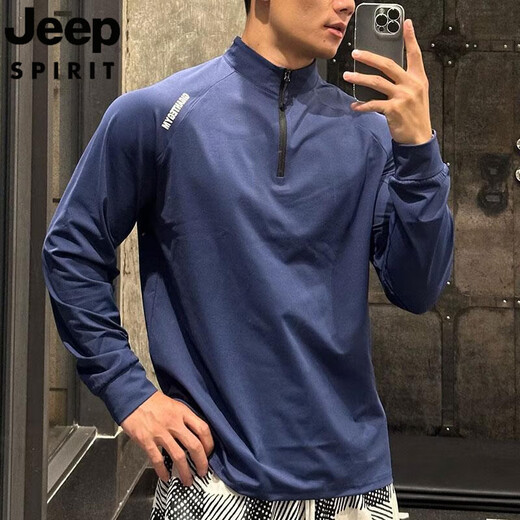 JEEP SPIRIT Jeep fitness long-sleeved men's loose elastic half-zip sports t-shirt running spring and autumn basketball training cycling jersey carbon gray M