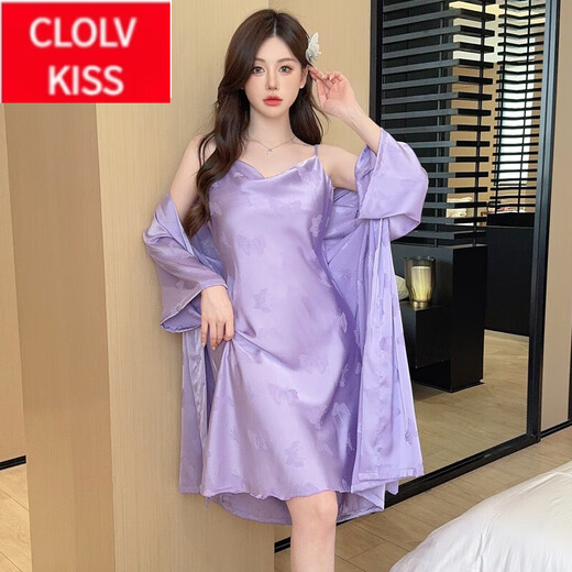 ClolvKiss性感冰吊带睡裙女夏天中袖睡袍两件套装优雅紫提花蝴蝶家居服 SY-9901#提花两件套 紫蝴蝶 M 【建议85-100斤】
