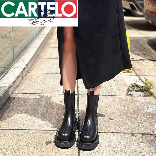 卡帝乐鳄鱼（CARTELO）真皮马丁靴女2025年英伦风春秋单靴短靴中筒切尔西厚底烟筒靴 黑色 中筒 35