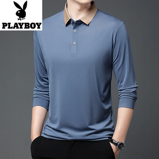 花花公子（PLAYBOY）男士长袖t恤冰丝光棉翻领薄款2025春秋季新款中年爸爸装纯色T恤 F15816黑色 175/115/52135-155斤 XL