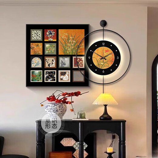 Bailian Restaurant Dekorative Malerei LED -Leuchten im mittleren Stil mit Uhren und Uhren Mural Retro Esstisch Hintergrund Wandhängemalerei K12806 +PB57 H50*50 cm Malerei +50*50 cm Wanduhr mit Pendel [Pendel [