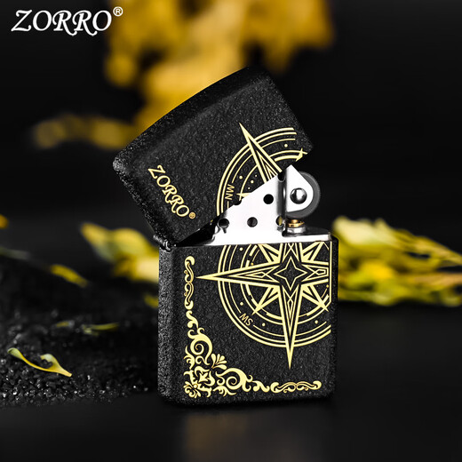Zorro/Official genuine love compass carved kerosene lighter for men's windproof creative gift for boyfriend Compass Love compass-gift bag +133 gold oil 902 black sand