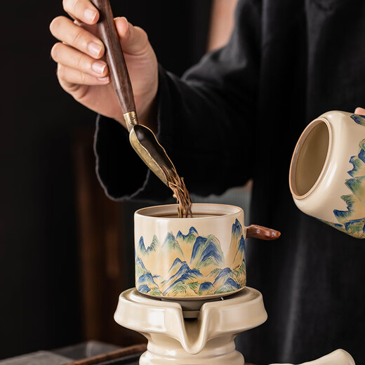 Porcelain brand tea set Ru Kiln automatic tea set household Chinese style simple open piece ceramic stone grinding Kung Fu tea set high-end gift box Beige Ru Kiln <Dahao Heshan> automatic tea set