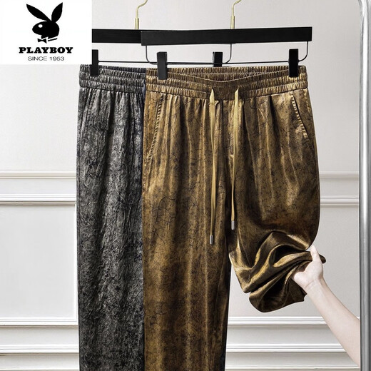 Playboy (PLAYBOY) light luxury high-end smooth flowing retro ice silk acetate pants anti-wrinkle sports sweatpants men's loose straight-leg casual pants 9892 #华 M [90-110Jin[Jin equals 0.5 kg]]