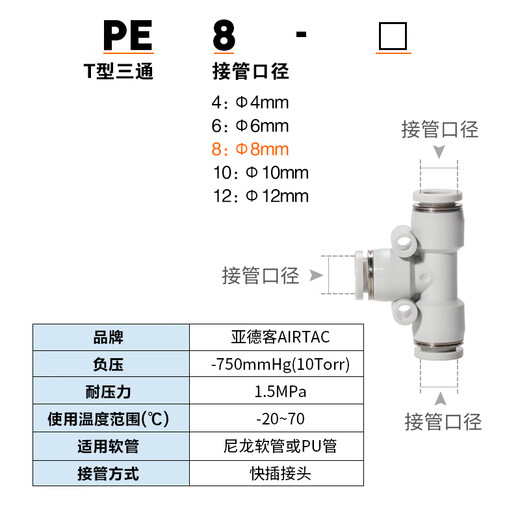 AirTac/Yadeke PE/PU straight-through/PY/PM plate straight-through/PZ cross four-way/PG reduced diameter straight-through PU12