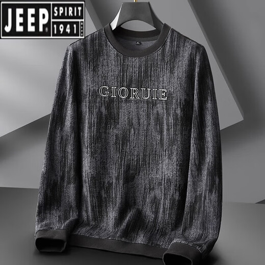 Jeep Spirit Spring und Herbst Runde Hals Langarm T-Shirt Herren Plus Fett Plus-Größe bedrucktes Sweatshirt Fett lose Baumwollbasis-Hemd Top 9855 Schwarz plus Samt XL (120-140jin [Jin gleich 0,5 kg]))