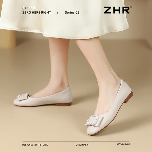 ZHR单鞋女一脚蹬浅口通勤女鞋平底减龄夏季船鞋女 AH613 米色 37