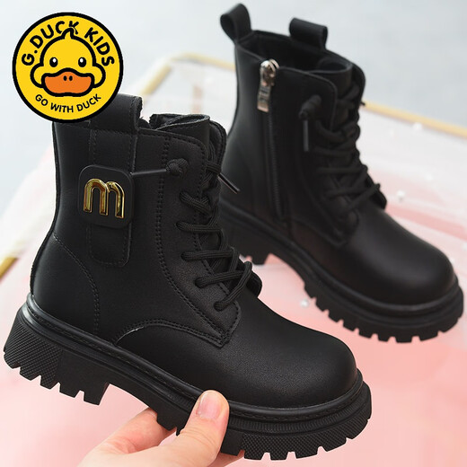 G.DuckKids Girls Bottes courtes Généreaux en cuir Martin Bottes 2025 Printemps et automne Nouveaux chaussures pour enfants mode peluche en cuir britannique Bottes en cuir moyen et gros enfants beige Single 26