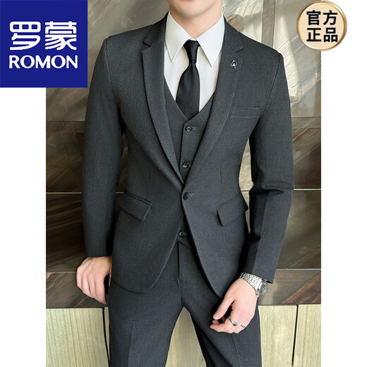 ROMON suit men's suit Korean version slim fit wedding groomsmen dress no ironing business formal three-piece casual suit jacket black suit + vest + pants + shirt waist L (105~120Jin Jin equals 0.5 kg)