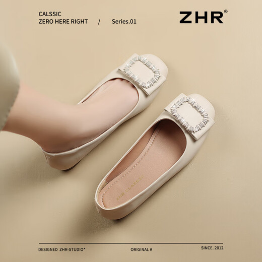 ZHR单鞋女一脚蹬浅口通勤女鞋平底减龄夏季船鞋女 AH613 米色 37