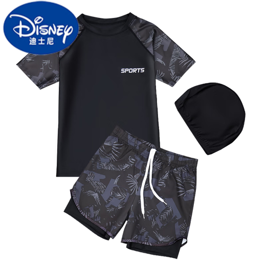 迪士尼（DISNEY）儿童游泳衣男童分体中大童青少年初中男生速干泳裤胖男孩套装 9712-黑绿带泳帽 180 身高165-175cm体重110-135斤