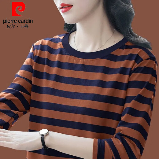 Pierre cardin mother dress fashionable striped long-sleeved T-shirt for women's base shirt in autumn new loose outer belly cover pure cotton top #Trendy striped blue gray-833# M Recommended 90-105Jin [Jin equals 0.5 kg]-card code to take a big shot