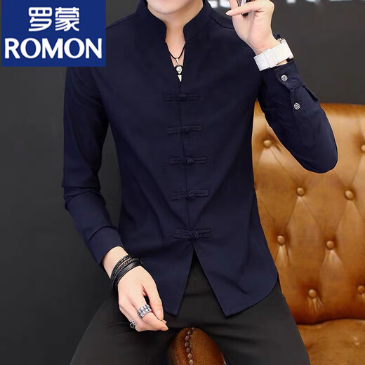 罗蒙（ROMON）立领白衬衫男士长袖春秋季感中国风衬衣潮牌盘扣休闲唐装上衣 9905黑色 M