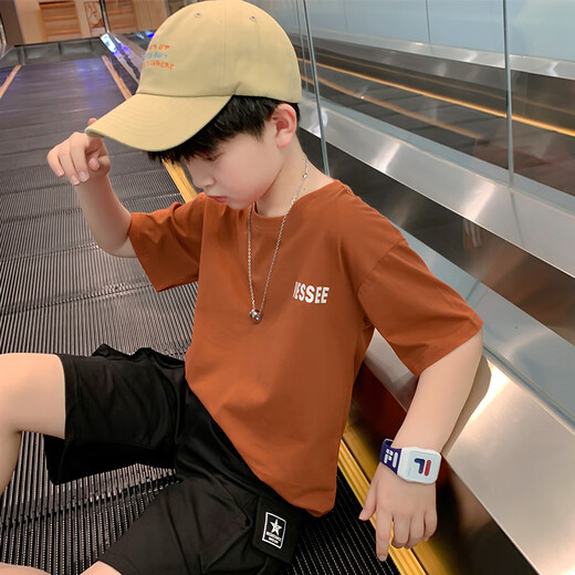 艾卡诺 I.KARNOW儿童t恤2025年夏装新款男童韩版洋气纯棉短袖中大童潮牌上衣男孩 19087蓝色+15265杏【冰丝套装】 170