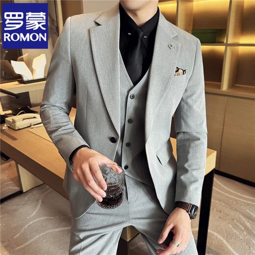 罗蒙（ROMON）高级感西服套装男士结婚新郎伴郎礼服商务职业面试正装大码西装男 黑色【西服+裤+衬衫】 送领带 （52） XL