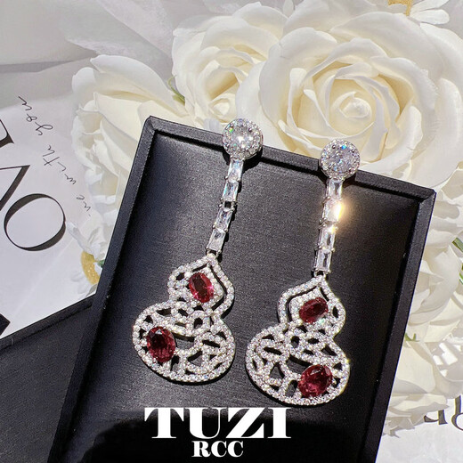 Tanhai flash diamond red color gemstone gourd earrings for women white gold emerald green earrings hollow pattern Fulu necklace national trend red gourd earrings 925 silver
