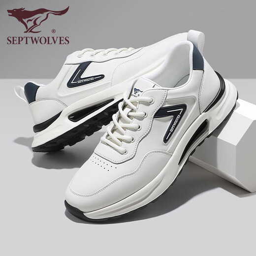 Sept Wolves Chaussures masculines pour les chaussures décontractées en cuir d'été pour des baskets de haute hauteur à semelle épaisse pour hommes à la mode et polyvalentes chaussures de voyage respirantes blanc / bleu 1049 41