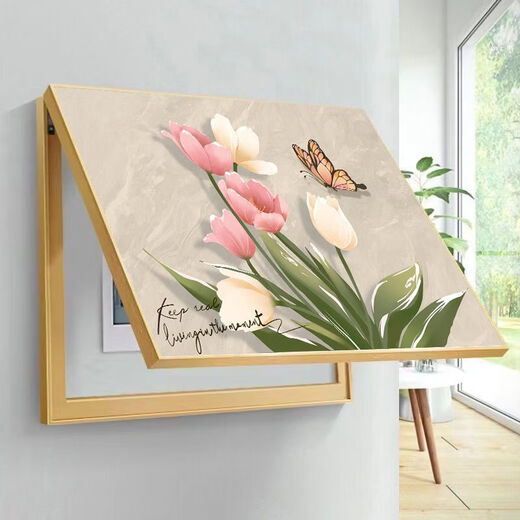 Distribution box decorative painting blocking cream style peony flower restaurant dining room meter box box power main switch hanging painting B style cream peony gold frame 70X50 accommodates 62*42 flip-up model aluminum alloy frame