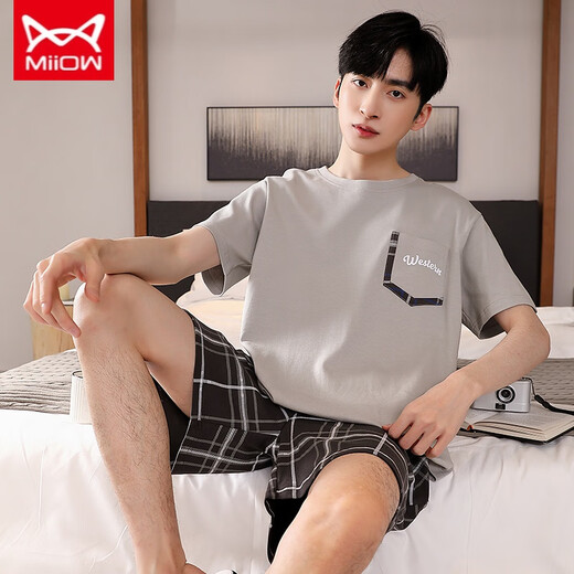 
Catman MIIOW new pure cotton pajamas for men in summer thin short-sleeved cotton can be worn on the outside with large size green home clothes YSH844 XL [130-150Jin [Jin equals 0.5 kg]]