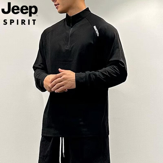 JEEP SPIRIT Jeep fitness long-sleeved men's loose elastic half-zip sports t-shirt running spring and autumn basketball training cycling jersey carbon gray M